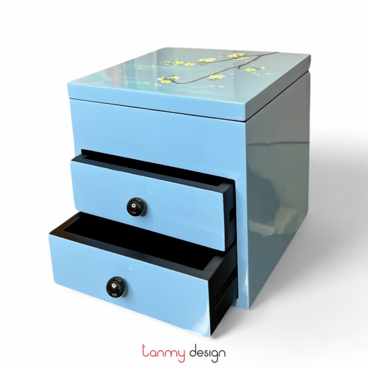 Blue square cabinet with 3 drawers hand-painted with peach blossom 8*H19cm